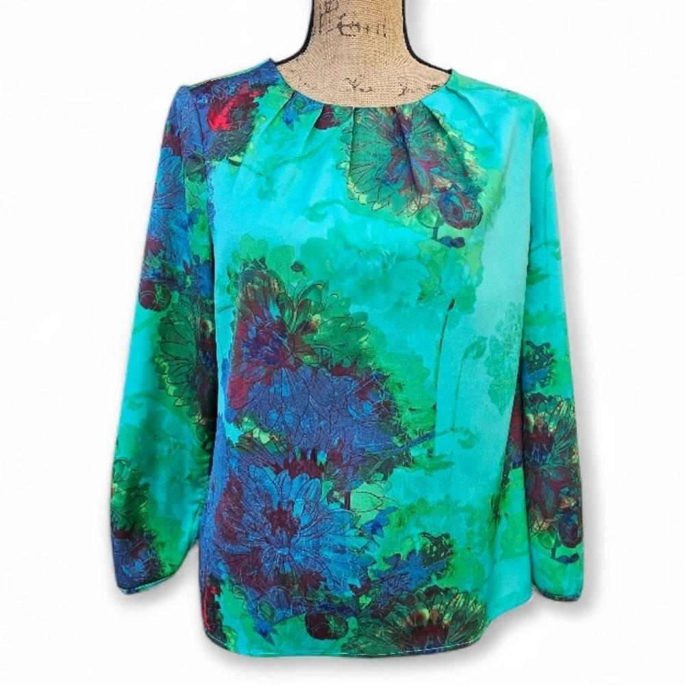 J. Crew Vibrant Teal and Blue Floral Blouse, Size S